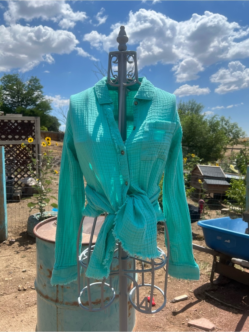 Natural Reflections turquoise Gauze Shirt 100 percent cotton Boho Beachy Country